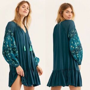 Free People Mix It Up Embroidered Jade Turquoise Long Sleeve Tunic Dress M/L